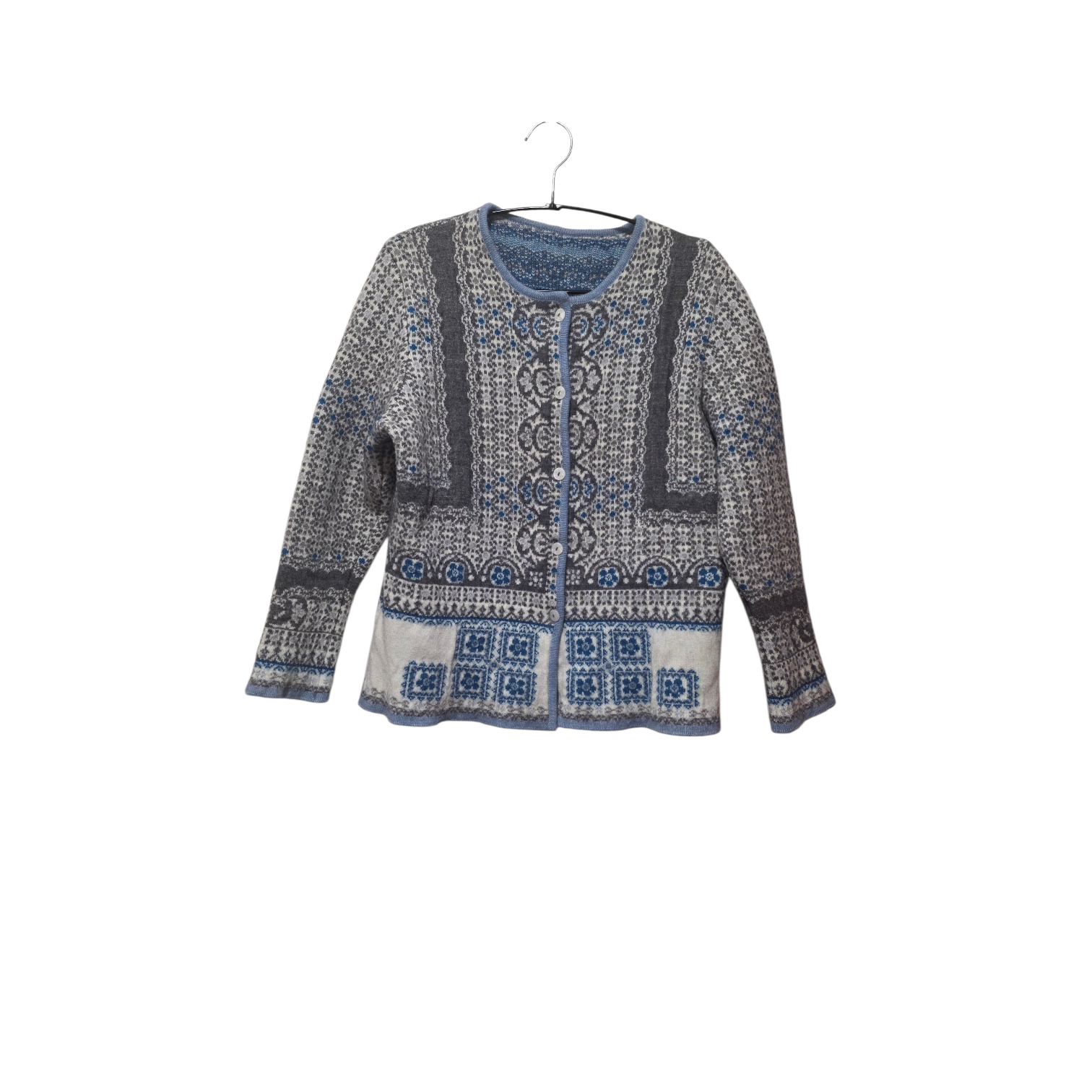 Siniharmaa villatakki, selässä iso sininen kukka